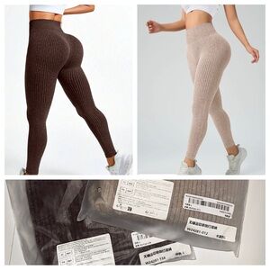 TWO for 1: Ribbed High-Waisted Leggings - Brown and Cream